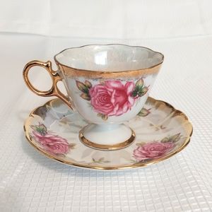 Royal Halsey Teacup Saucer Luster Pearl Roses Gold Scalloped Edge Fine China